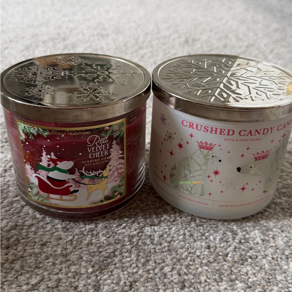 Bath & Body Works Red Velvet Cheer & Crushed Candy Cane 3-Wick Candles